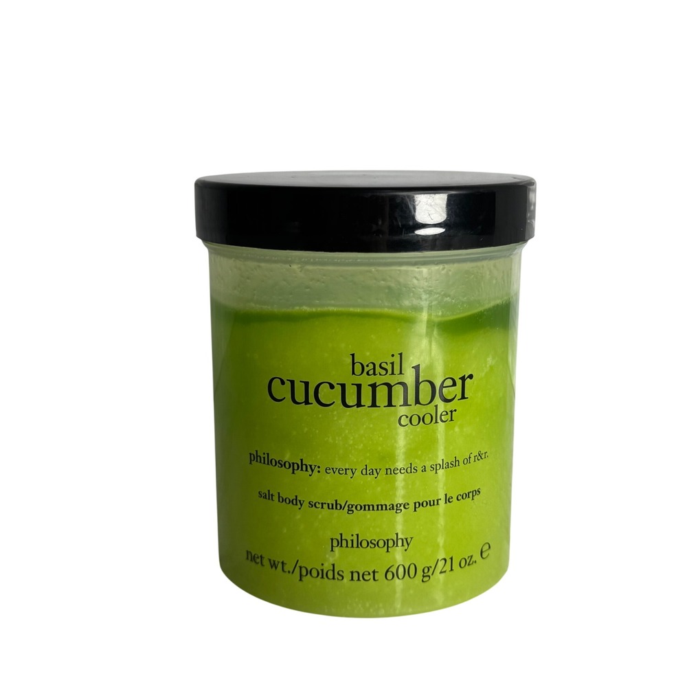 Philosophy Salt Body Scrub Basil Cucumber Cooler bath shower exfoiliant 21 oz